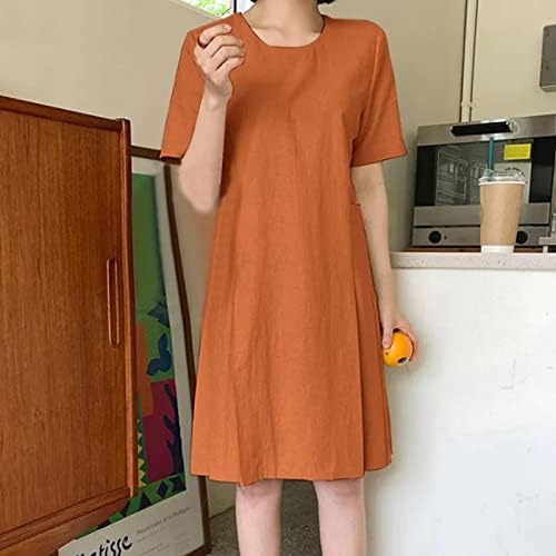 ıCODOD Elbise kadın 2023 Yaz Gevşek Kısa Kollu Düz Renk Yuvarlak Boyun Orta Uzunlukta Cep Elbiseler Kadınlar için