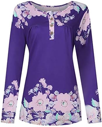 KCJGİKPOK kadın Rahat Tunik Üstleri Giymek Tayt Uzun Kollu Flowy Henley Bluzlar Çiçek Baskı Düğme Up Gömlek