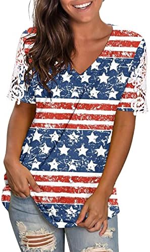 4th Temmuz ABD Bayrağı Tunikler Kadınlar için Gizlemek Göbek Yağ Tshirt Yaz Rahat Tatil Kısa Kollu Düğme V Yaka Bluz