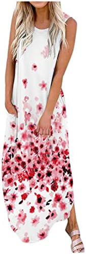 Zpervoba Rahat Yaz Elbiseler Kadınlar için Çiçek Sundress Boho Kolsuz Maxi Elbiseler Bölünmüş Plaj Tankı Elbise Cepler