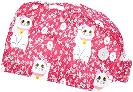 Şanslı Maneki-Neko Kedi Oturan Çiçekler Desen 2 Paketi Ayarlanabilir Çalışma Kap Düğmeleri ile Elastik Kabarık Şapka