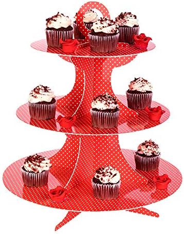 3 Katmanlı Karton Cupcake Standı-Beyaz Lekeli Kırmızı-Cupcake Tutucu-Pasta Ekranı - 13 1/2 x 13 1/2 x 14 - 1ct Kutu-Pasta