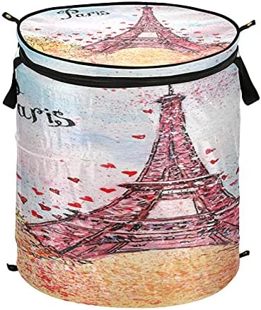 ALAZA 50 L Açılır Çamaşır Sepeti Kapaklı ve Saplı Sepet, Paris Eyfel Kulesi ve Fırın El Çizimi Sembolü Katlanabilir