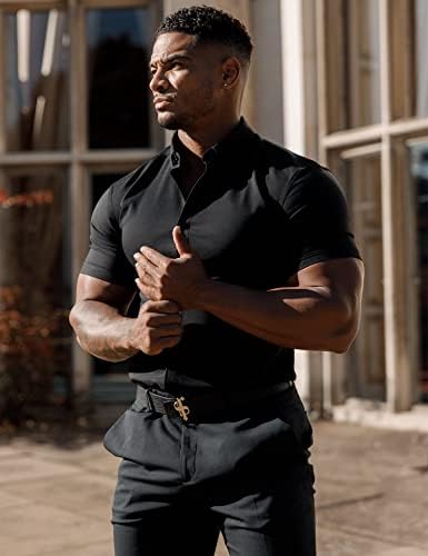 URRU erkek Kas Elbise Gömlek Slim Fit Streç Kısa Kollu Casual Düğme Aşağı Gömlek Erkekler için