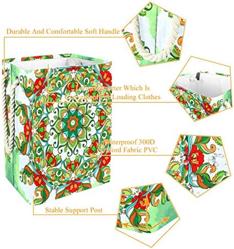 MAPOLO Çamaşır Sepeti Yeşil Trippy Mandala Çiçek Katlanabilir Keten Çamaşır Sepeti Kolları ile Ayrılabilir Parantez