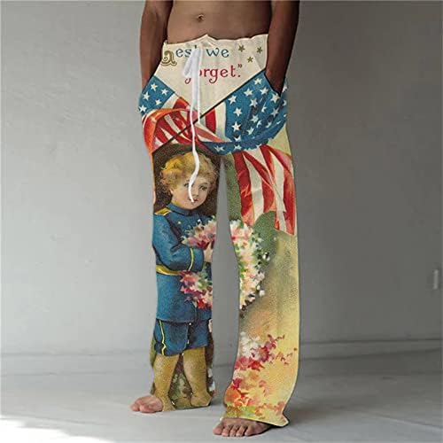 Erkek Amerikan Bayrağı Keten Pantolon Yaz Rahat Fit rahat pantolon 4th Temmuz Elastik Bel Düz Bacak Salonu Baggy