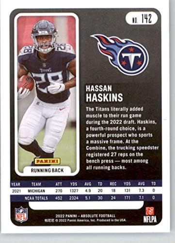 2022 Panini Mutlak 142 Hassan Haskins NM-MT RC Çaylak Tennessee Titans Futbol Ticaret Kartı NFL
