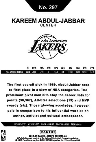 2018-19 NBA Çemberleri Basketbol 297 Kareem Abdul-Jabbar Los Angeles Lakers Tribute Panini tarafından yapılan Resmi