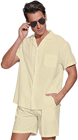 Nhıcdns erkek Keten Düğme Gömlek Hawaiin 2 Parça Kıyafetler Kısa Rahat Hippi Tatil Plaj Gömlek Şort Moda Kıyafetler