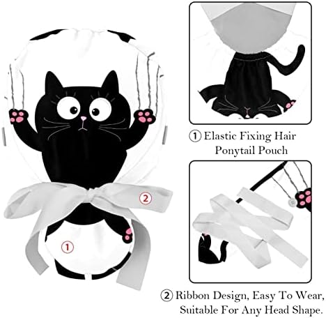 Karikatür Siyah Kedi çalışma kapağı Düğme ve Ter Bandı 2 Adet Kullanımlık Cerrahi Cerrahi Şapkalar At Kuyruğu Tutucu