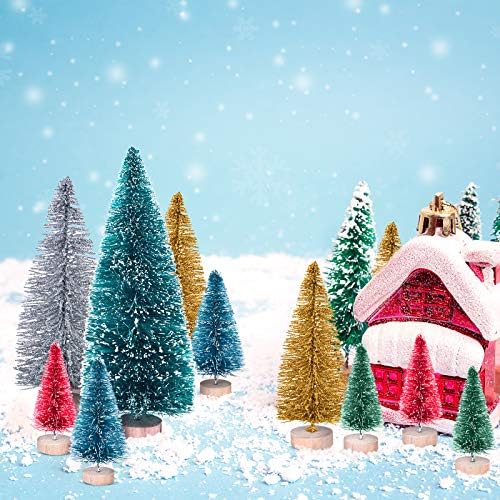 46 Adet Mini Noel Çam Ağaçları ve Ağaç Topper Seti, Masa Üstü şişe fırçası Ağaçları Sisal Buzlu Noel Ağaçları ile