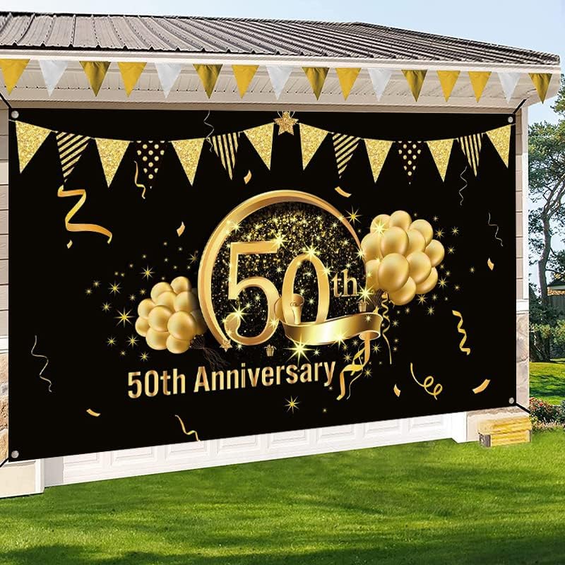 50th Yıldönümü Süslemeleri Parti Afiş, ekstra Büyük Kumaş Siyah Altın İşareti Posteri 50th Yıldönümü Zemin Fotoğraf