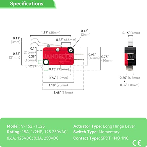 JANDECCN 10 adet Mikro Limit Anahtarı SPDT 1NO 1NC Menteşe Kolu Yapış Eylem Tipi Arduino ıçin (V-154-1C25)
