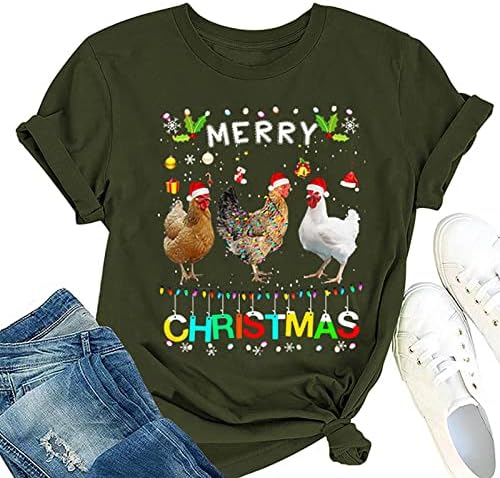 Komik Noel Gömlek Kadınlar için Komik Horoz Grafik Tees Crewneck Kısa Kollu Yaz Üstleri Yenilik Tatil Bluz