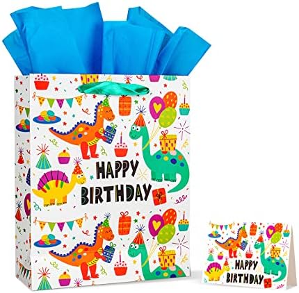 12.6 Büyük Mutlu doğum günü hediye keseleri Kağıt Mendil ve Kart Erkek Kız ve Çocuklar için (Dinozor)