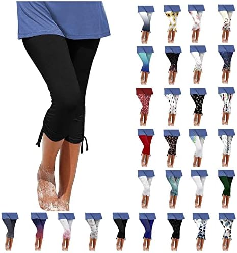 uSecee Bayan Capri Yoga Tayt Yaz Yüksek Belli Kırpılmış Pantolon Boho Çiçek Baskı Pantolon İpli Yan Egzersiz Tayt