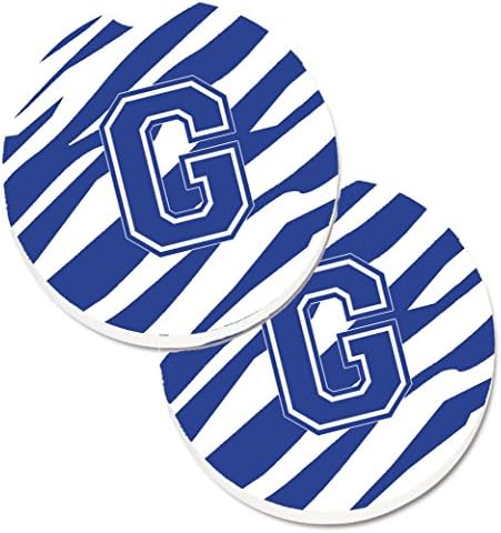 Caroline's Treasures CJ1034-GCARC Mektup G İlk Kaplan Şerit Mavi ve Beyaz 2 Bardak Tutucu Araba Bardak Seti, Araba
