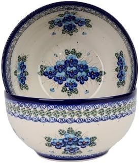 Polonya Seramiği Ceramika Boleslawiec, 0411/162, Kase 23, 10 Su Bardağı, Mavi Hercai Menekşe Çiçek Motifli Koyu Mavi