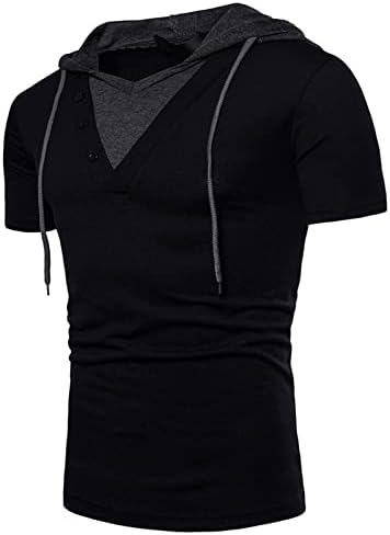 Erkek T Shirt Uzun Kollu Erkek Moda Rahat Sıska Düğme Yaka Sahte İki Parçalı Kısa Kollu İpli Kapşonlu T Shirt
