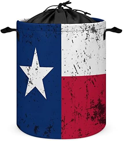 Retro Texas Eyalet Bayrağı Yuvarlak çamaşır torbası Su Geçirmez Saklama Sepeti İpli Kapak ve Kolu