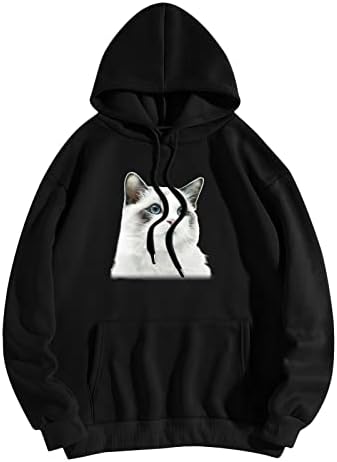 Bayan Hayvan Baskılı İpli Tişörtü Kış Sıcak Hoodies Tops Cepler ile Kedi Grafik Uzun Kollu Kazak