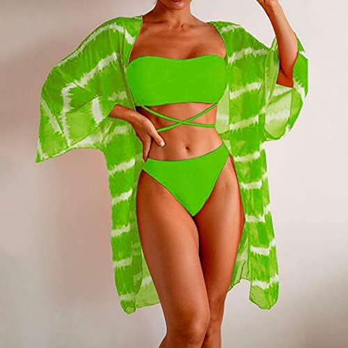 KCJGİKPOK Bayan Mayolar 3 Parça Kadın Orta Bel Bikini 2023 Seksi 3 Parça Baskılar bikini seti Cover Up Mayo