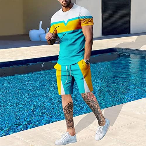 Bmısegm Yaz T Shirt Erkekler için erkek Patchwork Renk Takım Elbise 3D Kısa Kollu Takım Elbise Şort Plaj Tropikal
