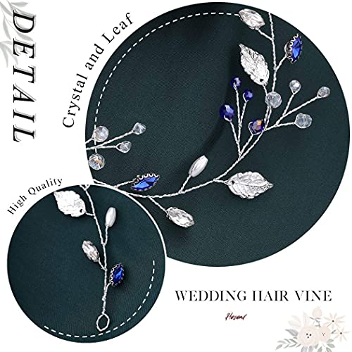 Heread Mavi Rhinestones Gelin Düğün Saç Vine Gümüş Yaprak Gelin Başlığı İnci Kafa Bandı saç aksesuarları Kadınlar