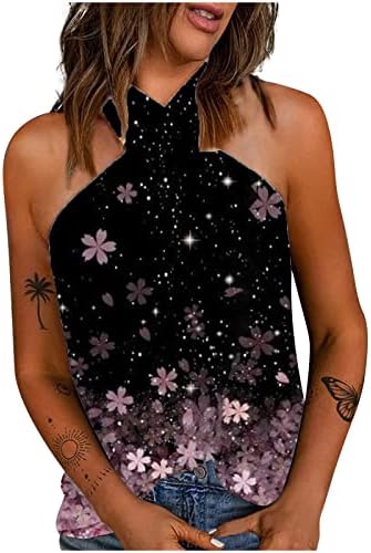 T Shirt Genç Kız Kolsuz Backless Halter Pamuk Grafik Baskı Çiçek Cami Tankı Tüy Bluz Tshirt Kadınlar için