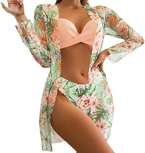 lcepcy kadın Moda Üç Parçalı Mayo Push Up Çiçek Baskılı Bikini setleri Hafif Örgü Uzun Kollu Beachwear