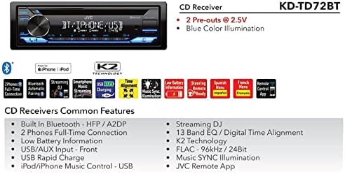JVC Tek DİN Bluetooth USB AUX AM/FM CD Stereo Alıcı Paketi Combo ile Stereo Kurulum Kiti, Evrensel gidon Kontrolleri,