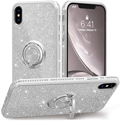 CHEZEAL ile Uyumlu iPhone X Kılıf Glitter 5.8 inç,iPhone Xs Kılıf ile Halka Standı, tam Vücut Slim Fit Sevimli Sparkle