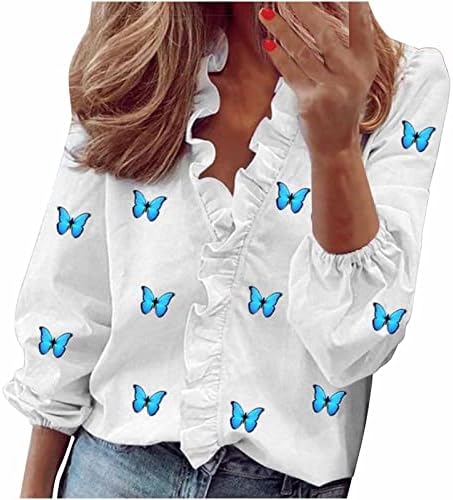 Kadınlar için şık Gömlek Sonbahar Rahat Uzun Kollu Fırfır Yakalı T Shirt Gevşek Boho Çiçek Tees Şık Sevimli Bluzlar