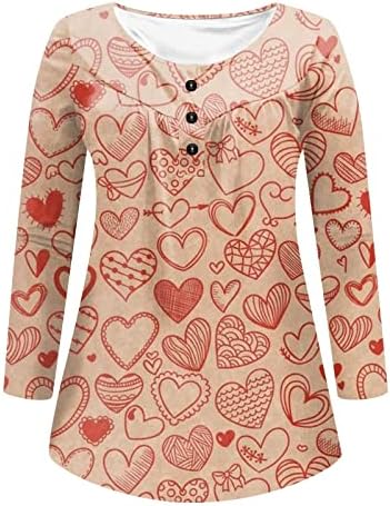 Kadınlar Kalp Baskılı Tunik Gömlek Uzun Kollu V Boyun Düğmesi Seksi Bluz sevgililer Günü için Bahar Kazak Tee Üst