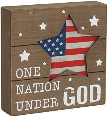 Bir Tatil Yolu 6 inç Dekoratif Vatansever Bir Ulus Altında Tanrı Ahşap Blok İşareti w / Amerikan Bayrağı Yıldız Tasarımı-Bağımsızlık,