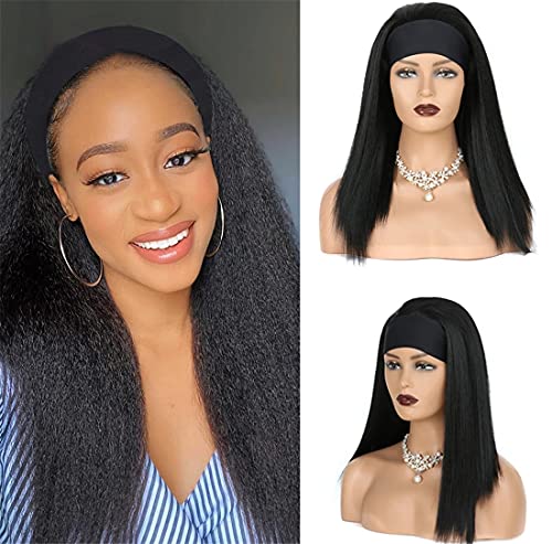18 İnç Yaki düz kafa bandı peruk sentetik siyah peruk kadınlar için elastik Kafa Bandı ile