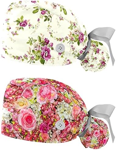 2 Paket Fırçalama Kap Kadın Düğmeleri ile, Ayarlanabilir Elastik Kravat Geri Kafatası Şapka, Çiçek Çiçek Kabarık