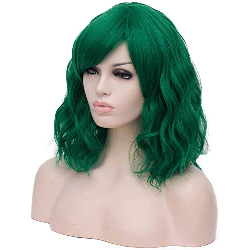 Mıldıso Koyu Yeşil Peruk Kadınlar için Kısa Kıvırcık Dalgalı Bob kahküllü peruk Yeşil Saç Peruk Peruk Kapaklar ile
