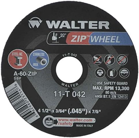 Walter 11T042 4-1/2X3/64X7 / 8 Yüksek Performanslı Zip Tekerlekler Tip 1 A60 Gr