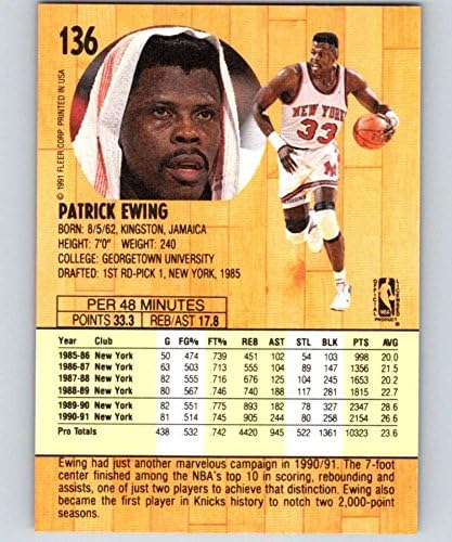 1991-92 Fleer Basketbol 136 Patrick Ewing New York Knicks Fleer'den Resmi NBA Ticaret Kartı / Skybox