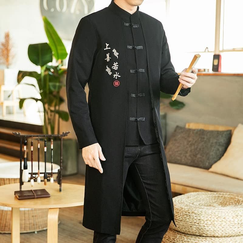 GYXHPTD Tarzı Uzun Rüzgarlık Streetwear Oryantal Elbise Erkekler Hip Hop Çin Mandarin Ceket Kaban