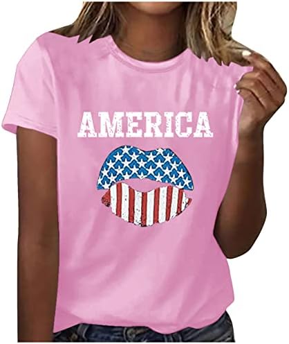 Kadın Yuvarlak Boyun T-Shirt Amerikan Bayrağı Dudak Baskı Üstleri Modern Gömme 2023 Yaz Tee Gömlek Kısa Kollu Grafik