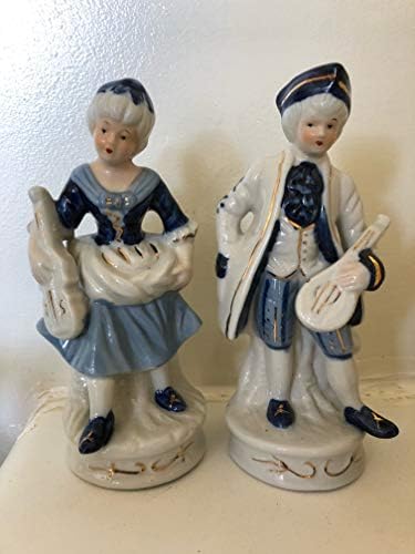 İrlandalı DRESDEN JAPONYA, LTD Vintage Mavi ve Beyaz Porselen Sömürge Çift Müzik Aletleri Heykeli ile