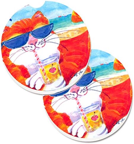 Caroline's Treasures 6118CARC Plajda Güneş Gözlüklü Havalı Kedi 2 Bardaklık Araba Bardak Altlığı Seti, Araba Bardak