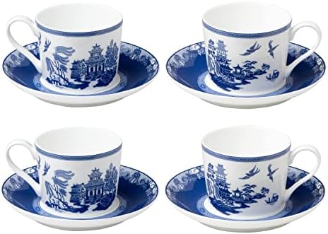Grace Teaware Kemik Çini Mavi Söğüt Kahve / Çay Bardağı ve Tabağı 9 Ons (4'lü Set)