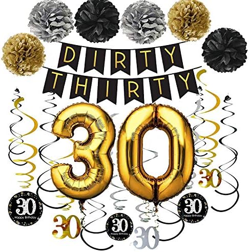 Kirli Otuz Afiş Pom Poms ile 30th Işıltılı Asılı Flamalar 30 Yaşında Balonlar 30th Mutlu Doğum Günü Partisi Süslemeleri