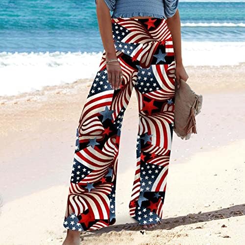 4 temmuz Kadın Pamuk Keten Geniş Bacak Pantolon ABD Bayrağı Dantelli Elastik Yüksek Bel Geniş Bacak cepli pantolon