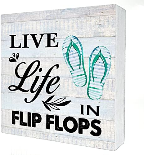 Canlı Yaşam Flip Flop Ahşap kutu işareti Dekor Rustik Plaj Alıntı Ahşap kutu işareti Blok Plak Duvar Masa Masa Ev