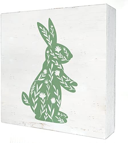Çiftlik evi paskalya tavşanı Ahşap kutu işareti masa dekoru 5x5 İnç Yeşil Çiçek paskalya tavşanı kutu işareti Ahşap
