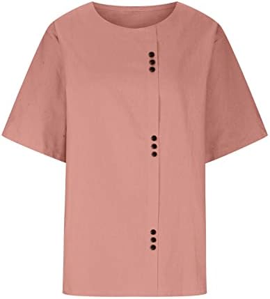 Kadın Üstleri Pamuk Keten Kısa Kollu Tee Gömlek Yaz Katı Düğme Aşağı Crewneck Casual Tunikler Bluz Artı Boyutu